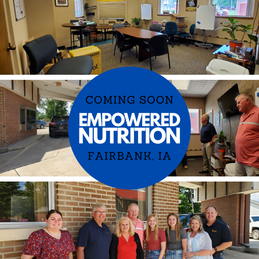 Collage graphic of the inside and outside of the future Empowered Nutrition building. One picture includes the VanDaele family, Buchanan County Economic Development (BCEDC) Director, BCEDC communications manager, BCEDC board chair and Fairbank, Iowa mayor.